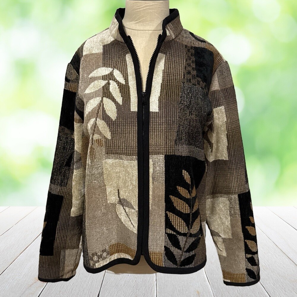 Vintage COLDWATER CREEK Tapestry Jacket Leaf Print Full Zip Artwear Boho Size L